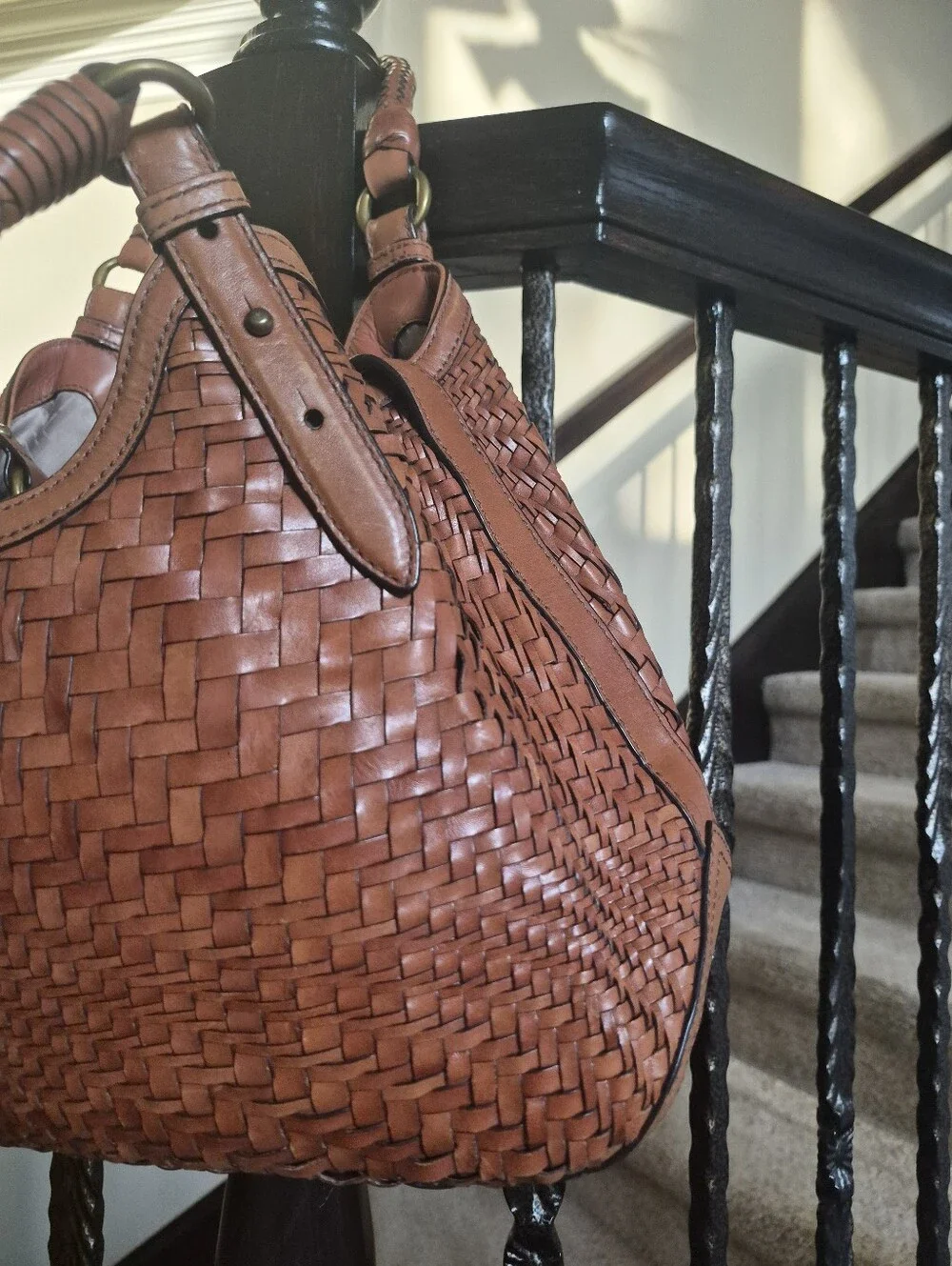Cole Haan Genevieve Woven Leather Triangle Tote Hobo Bag Brown